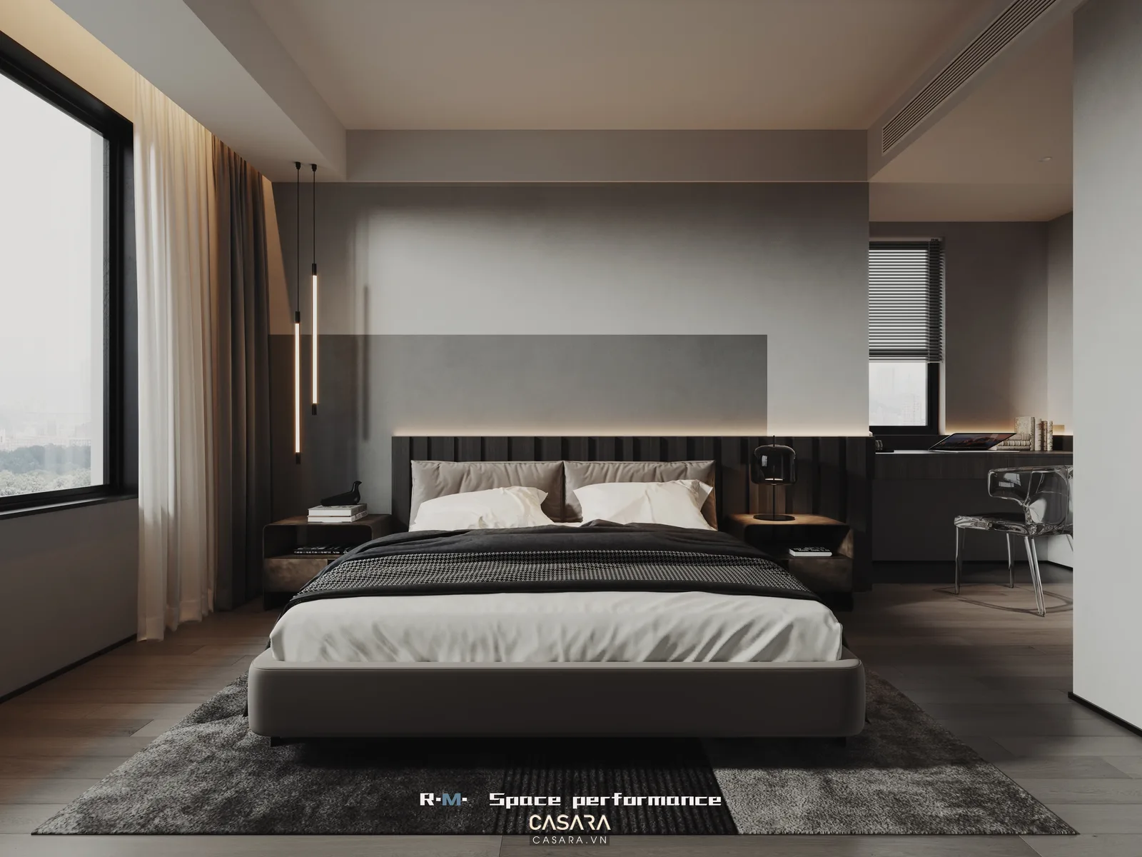 Phòng ngủ cho nữ hiện đại tân cổ điển với vách đầu giường, rèm và vật liệu ấm