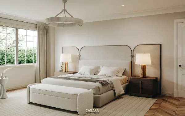 Phòng ngủ hiện đại tân cổ điển màu kem với ánh sáng dịu cho chủ đề nội thất cổ điển Casara.