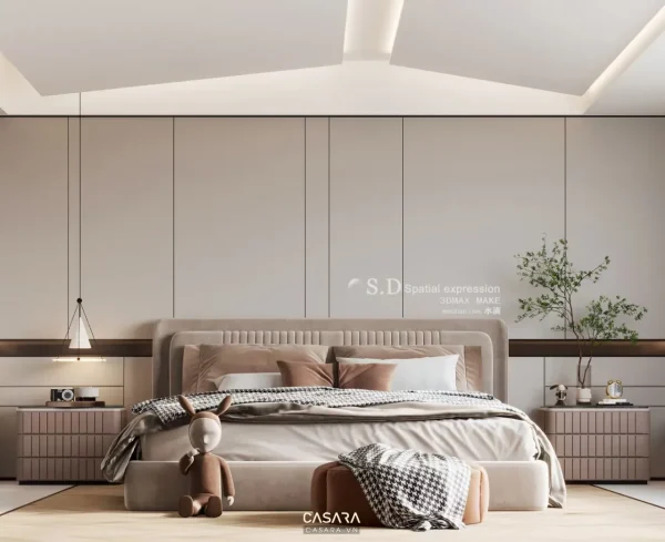 Ảnh phòng ngủ phong cách Indochine với giường lớn, vách đầu giường, rèm cửa và tủ áo trong thư viện Casara.
