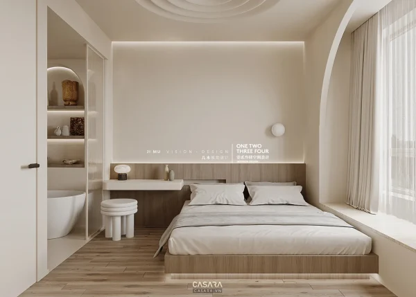 Thiết kế phòng ngủ cho nữ phong cách Indochine với giường lớn, rèm và tủ áo gọn