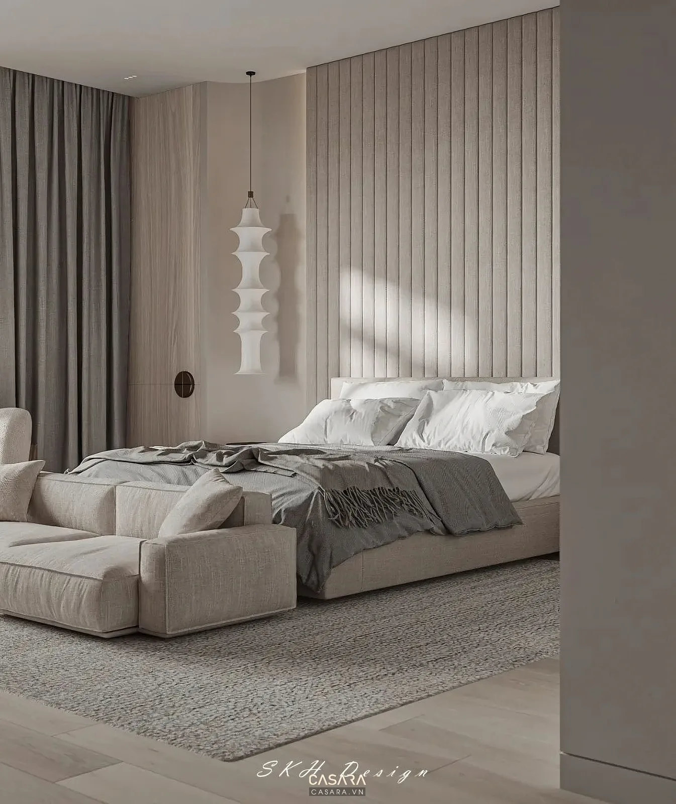 Ảnh phòng ngủ phong cách sang trọng đá marble với giường lớn, vách đầu giường, rèm cửa và tủ áo trong thư viện Casara.