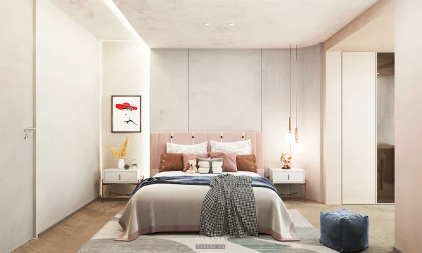 Phòng ngủ đơn giản màu hồng nhạt có giường gọn, tủ áo âm tường và ánh sáng dịu