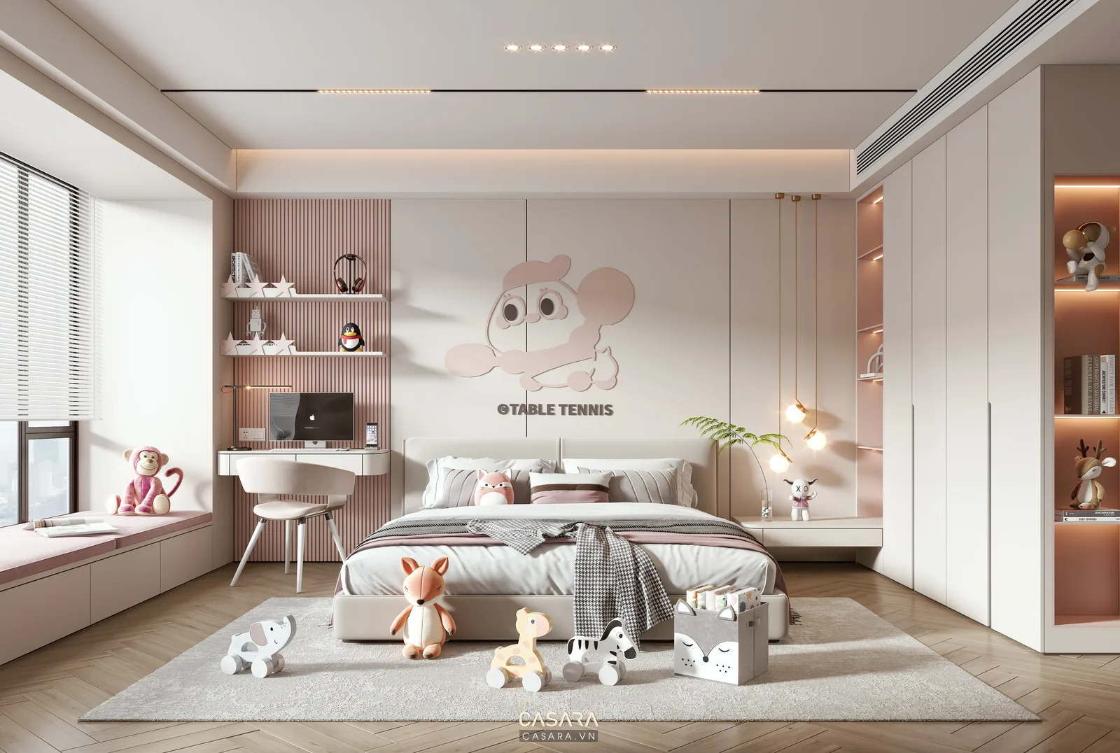 Bàn học cạnh cửa sổ minh họa cách đưa ánh sáng tự nhiên vào phòng ngủ.