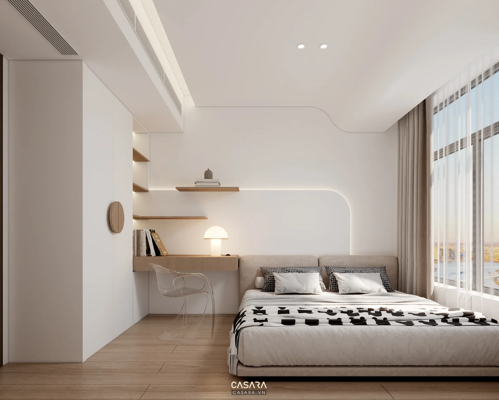 Phòng ngủ trẻ em tối giản có giường thấp và bàn học bo góc