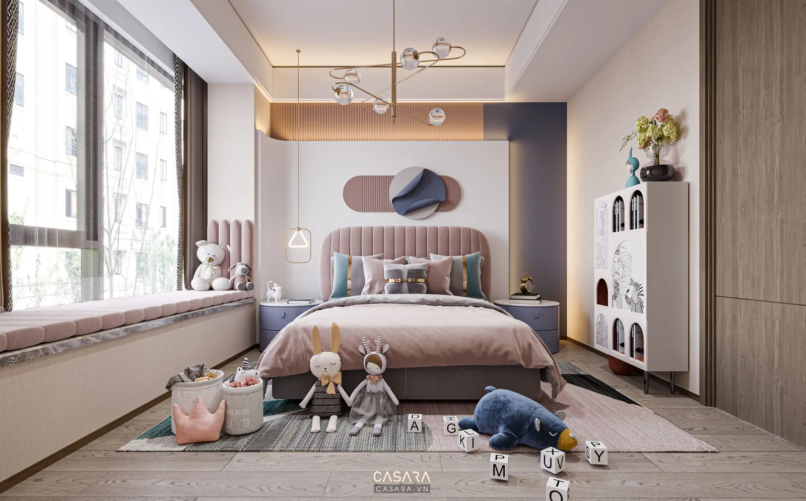 Phòng ngủ trẻ em Bắc Âu sáng màu với cửa sổ lớn, giường và khu lưu trữ phù hợp nhà diện tích nhỏ.