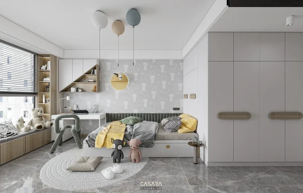 Ảnh phòng ngủ trẻ em phong cách cao cấp góc rộng với giường, bàn học, tủ đồ chơi và màu sắc mềm trong thư viện Casara.