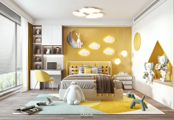 Ảnh phòng ngủ trẻ em phong cách đá nhân tạo thiết kế độc đáo với giường, bàn học, tủ đồ chơi và màu sắc mềm trong thư viện Casara.