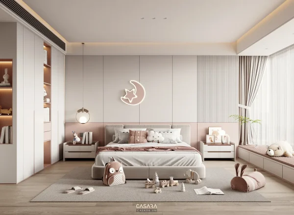 Ảnh phòng ngủ trẻ em phong cách 60m2 sang trọng với giường, bàn học, tủ đồ chơi và màu sắc mềm trong thư viện Casara.