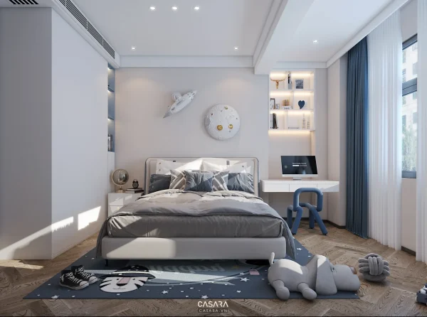 Ảnh phòng ngủ trẻ em phong cách hiện đại tân cổ điển với giường, bàn học, tủ đồ chơi và màu sắc mềm trong thư viện Casara.