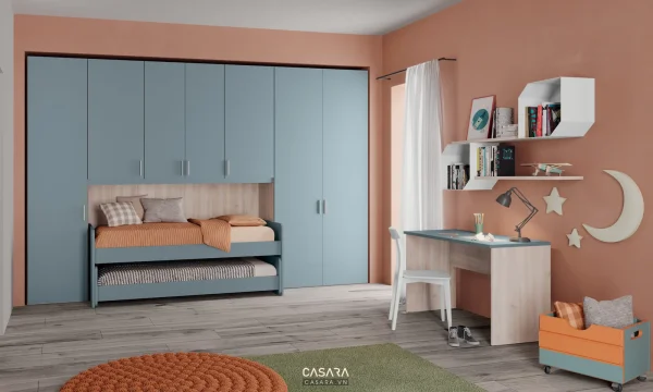 Ảnh phòng ngủ trẻ em phong cách hiện đại tân cổ điển với giường, bàn học, tủ đồ chơi và màu sắc mềm trong thư viện Casara.