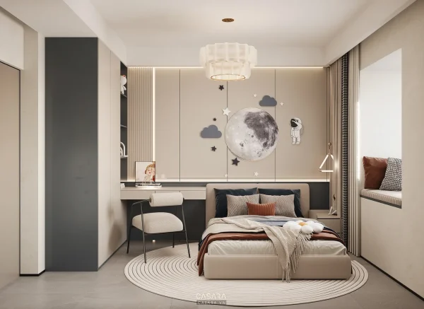 Ảnh phòng ngủ trẻ em phong cách Indochine với giường, bàn học, tủ đồ chơi và màu sắc mềm trong thư viện Casara.
