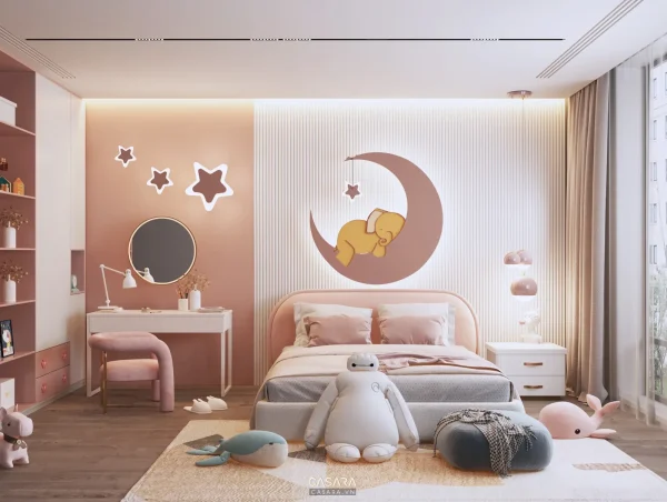 Ảnh phòng ngủ trẻ em phong cách Indochine với giường, bàn học, tủ đồ chơi và màu sắc mềm trong thư viện Casara.