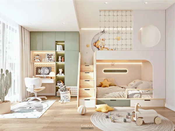 Ảnh phòng ngủ trẻ em phong cách luxury gỗ tự nhiên với giường, bàn học, tủ đồ chơi và màu sắc mềm trong thư viện Casara.
