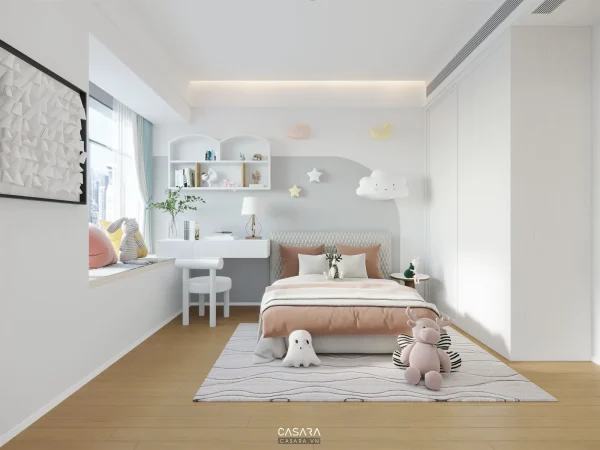 Ảnh phòng ngủ trẻ em phong cách melamine nâu ấm với giường, bàn học, tủ đồ chơi và màu sắc mềm trong thư viện Casara.