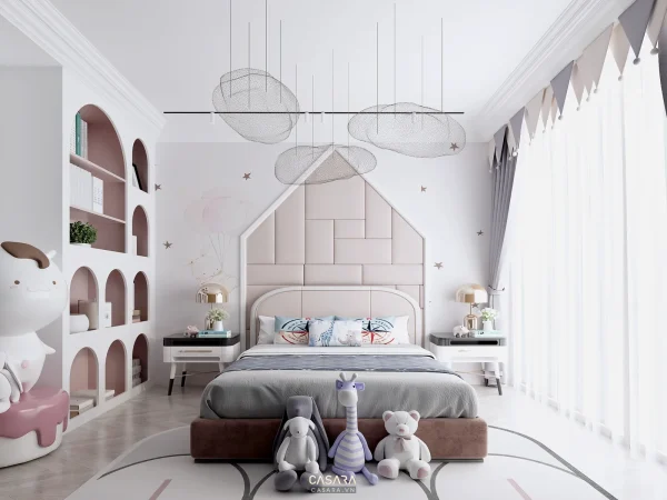 Ảnh phòng ngủ trẻ em phong cách melamine nâu ấm với giường, bàn học, tủ đồ chơi và màu sắc mềm trong thư viện Casara.