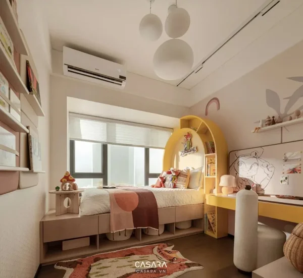 Ảnh phòng ngủ trẻ em phong cách sang trọng đá marble với giường, bàn học, tủ đồ chơi và màu sắc mềm trong thư viện Casara.