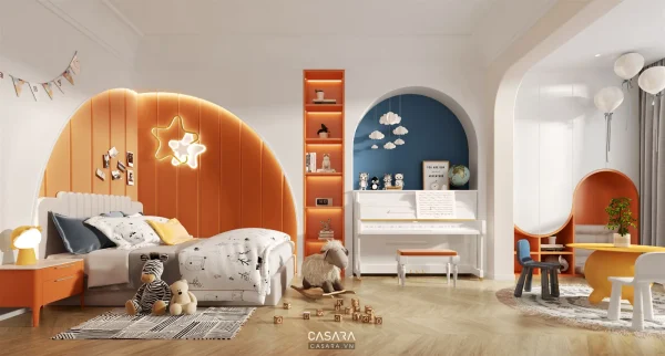 Ảnh phòng ngủ trẻ em phong cách tân cổ điển nhà phố với giường, bàn học, tủ đồ chơi và màu sắc mềm trong thư viện Casara.