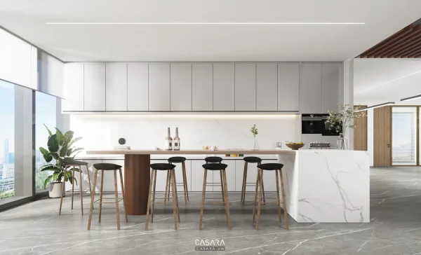 Ảnh phòng pantry phong cách Bắc Âu melamine ánh sáng mở với quầy bếp phụ, bàn ghế cafe và tủ lưu trữ trong thư viện Casara.