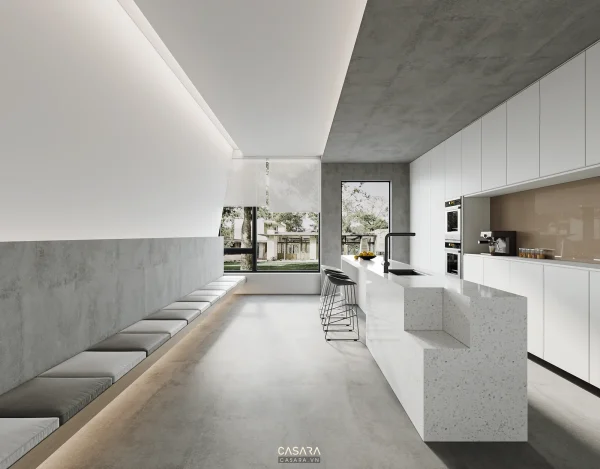 Ảnh phòng pantry phong cách cao cấp xu hướng 2026 với quầy bếp phụ, bàn ghế cafe và tủ lưu trữ trong thư viện Casara.