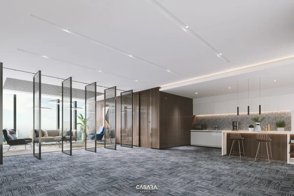 Ảnh phòng pantry phong cách 60m2 sang trọng với quầy bếp phụ, bàn ghế cafe và tủ lưu trữ trong thư viện Casara.