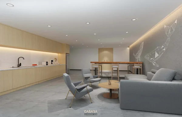 Phòng ăn phụ có quầy bếp dài, bàn tròn, sofa và ánh sáng hắt