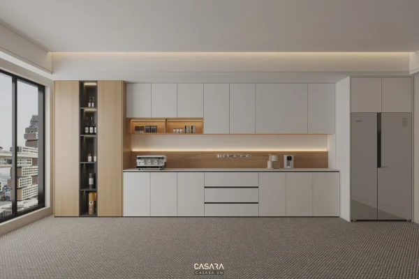Ảnh phòng pantry phong cách melamine nâu ấm với quầy bếp phụ, bàn ghế cafe và tủ lưu trữ trong thư viện Casara.