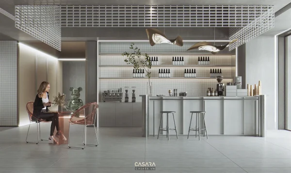 Ảnh phòng pantry phong cách melamine nâu ấm với quầy bếp phụ, bàn ghế cafe và tủ lưu trữ trong thư viện Casara.