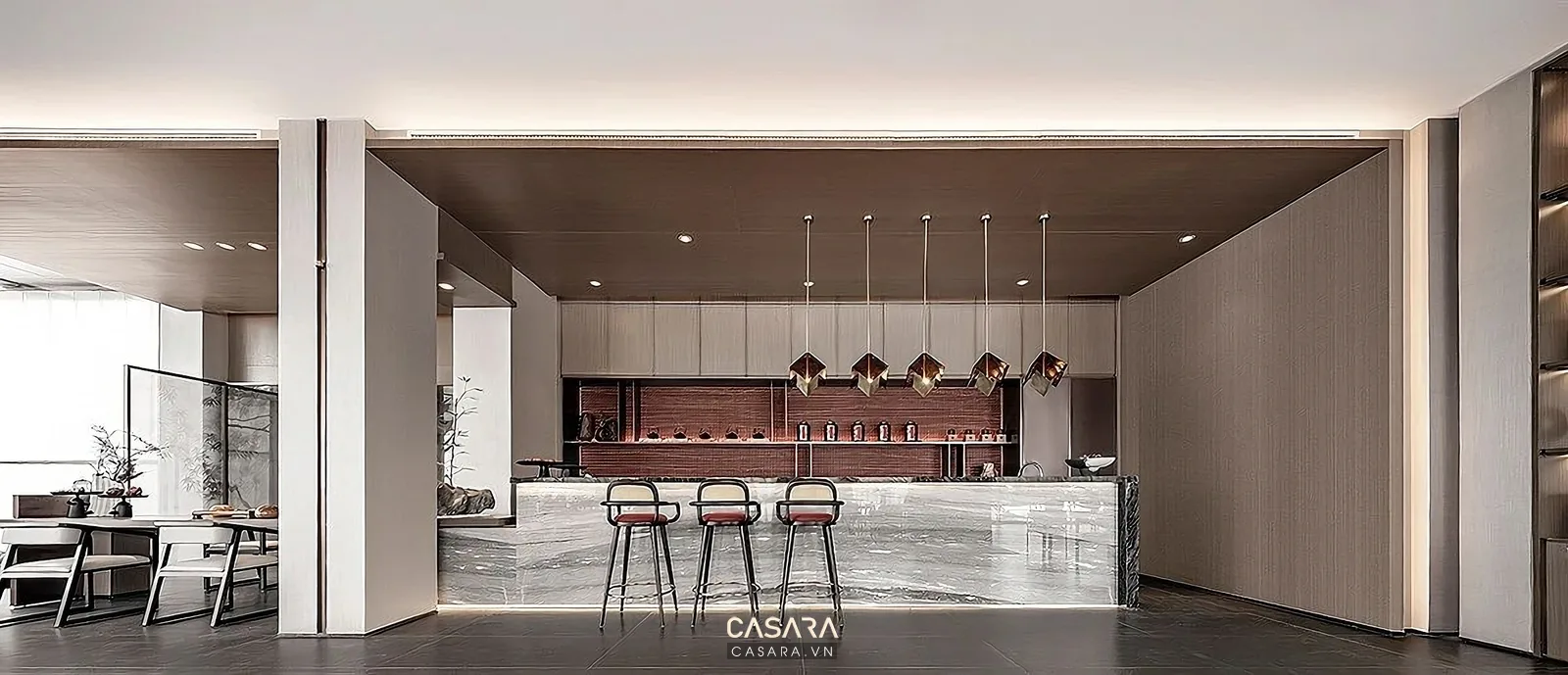Pantry văn phòng rộng với quầy bar đá và ghế cao cho khu nghỉ giữa giờ