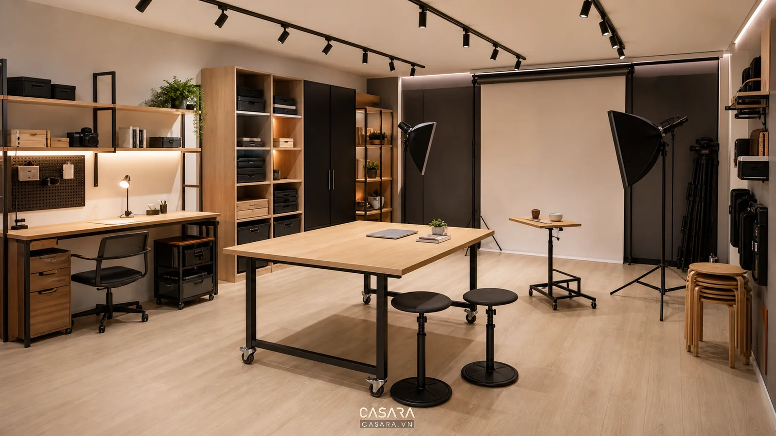 Phòng studio có bàn di động, phông nền, đèn mềm, kệ lưu trữ và khoảng sàn trống