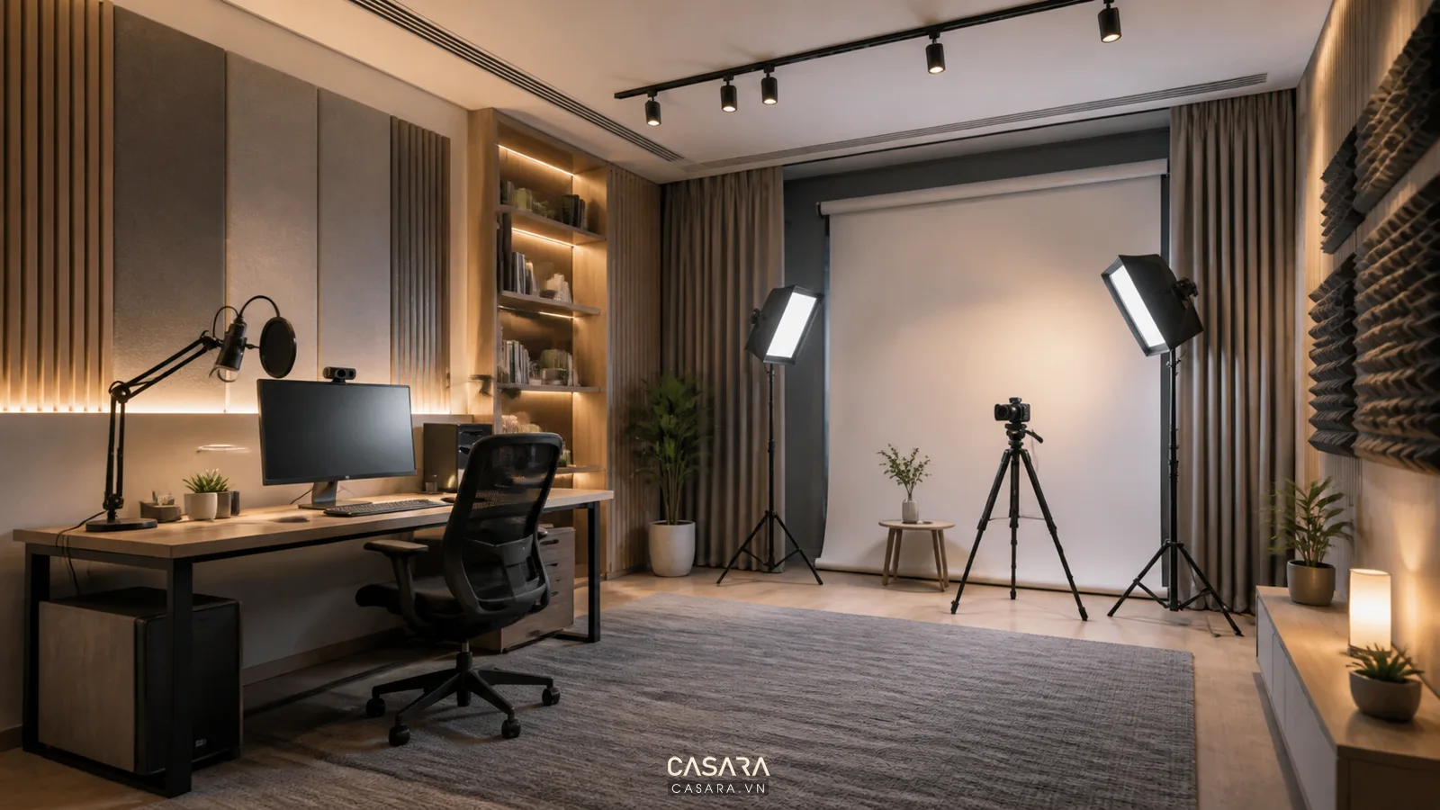 Phòng studio có bàn làm việc, micro, đèn panel, tripod, rèm và tấm tiêu âm