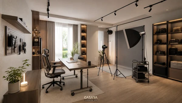 Phòng studio linh hoạt với bàn làm việc, đèn quay, tripod, phông nền và kệ thiết bị