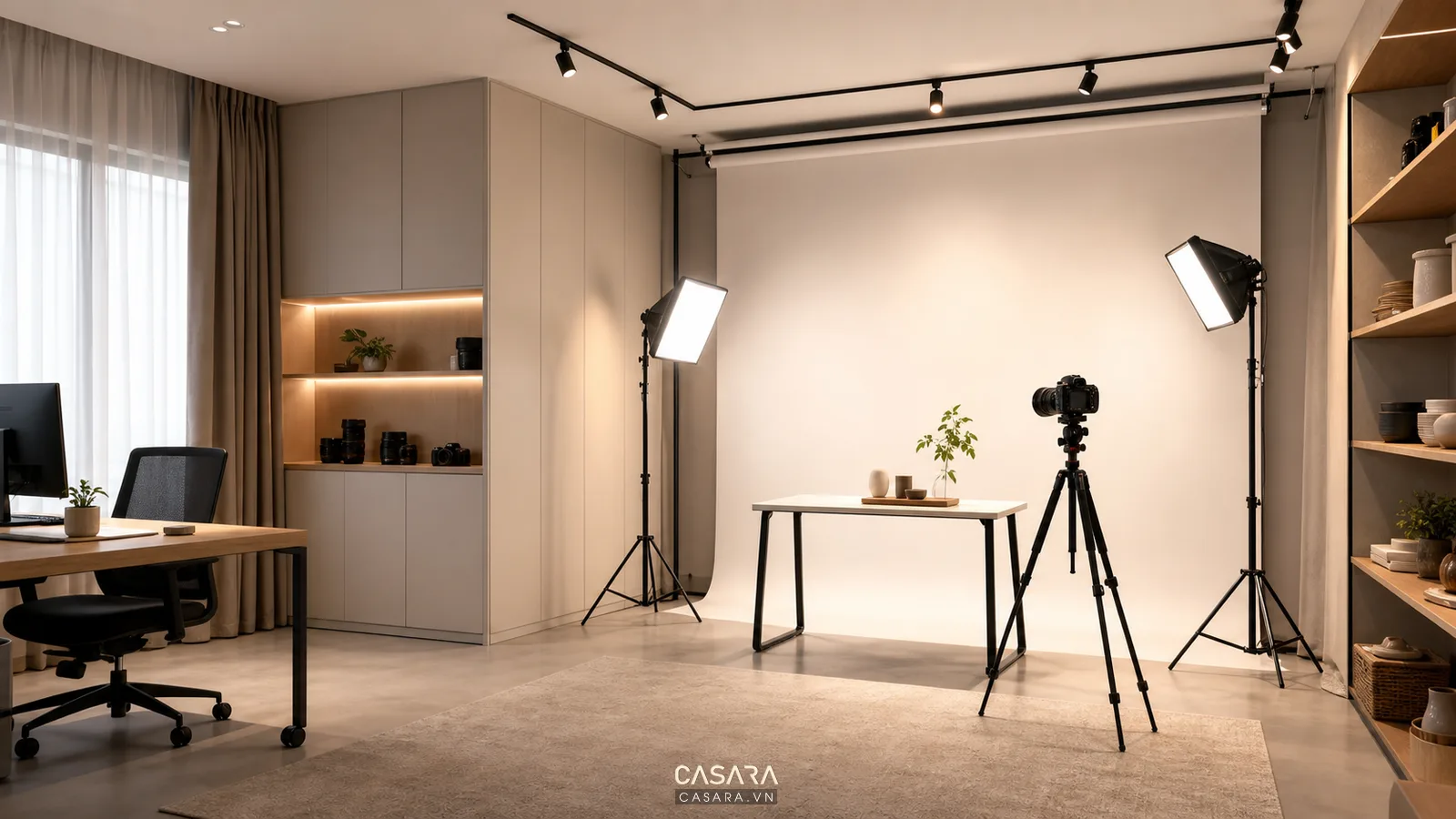 Phòng studio có nền quay chụp trung tính, đèn panel, tripod và bàn sản phẩm nhỏ