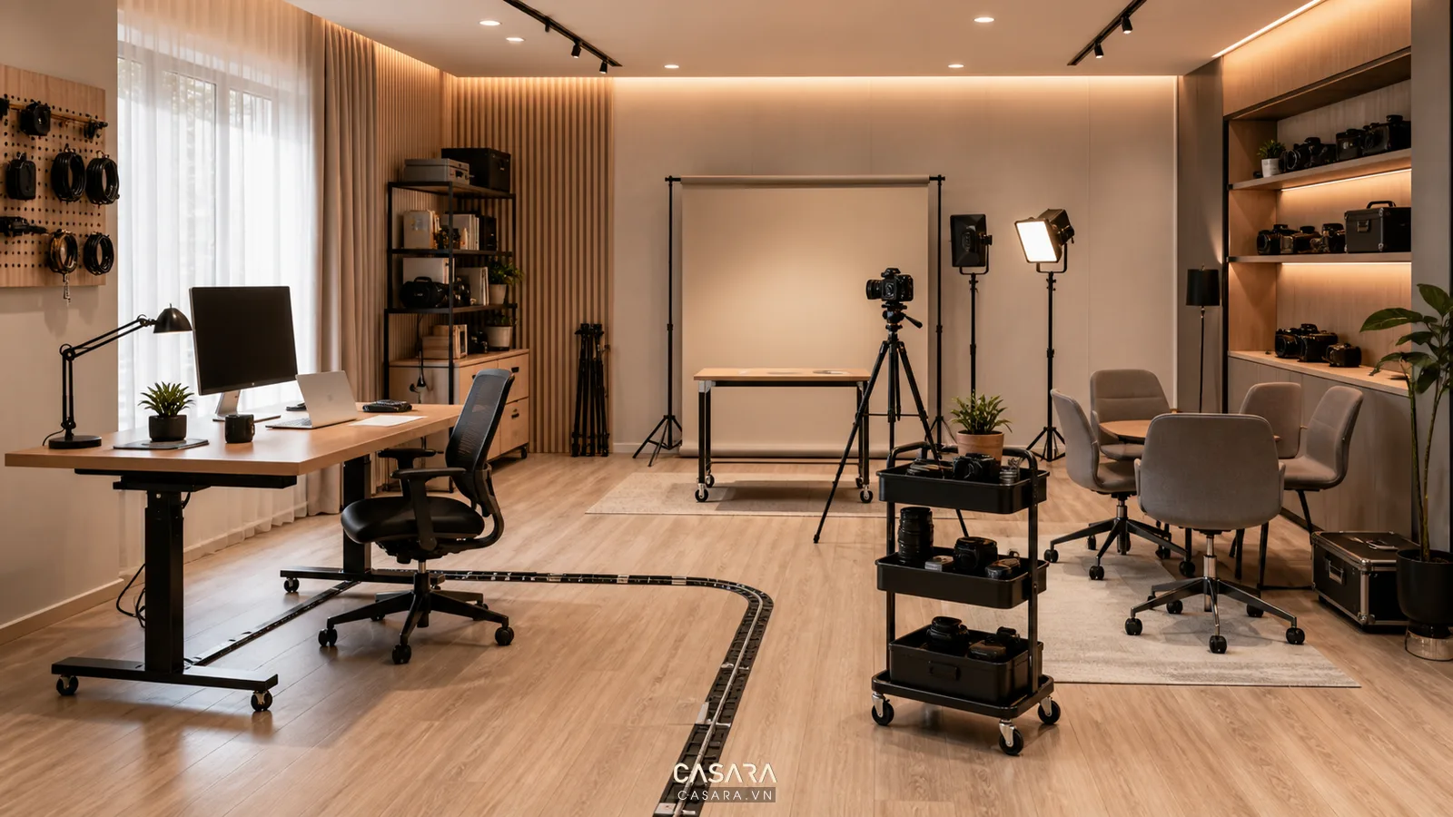 Phòng studio linh hoạt với bàn di động, xe lưu trữ, đèn quay, tripod và lối đi rõ