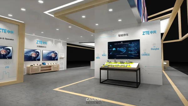 Ảnh showroom phong cách Bắc Âu với quầy, kệ hàng, ánh sáng thương mại và lối đi rõ trong thư viện Casara.