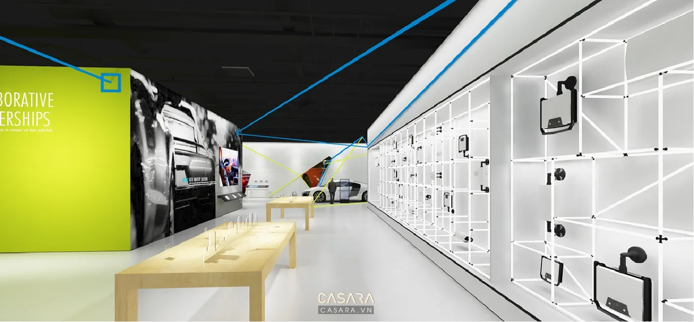 Ảnh showroom phong cách hiện đại với quầy, kệ hàng, ánh sáng thương mại và lối đi rõ trong thư viện Casara.