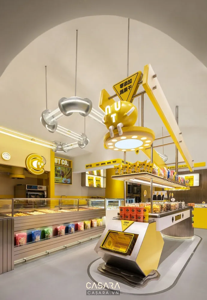 Ảnh showroom phong cách tân cổ điển với quầy, kệ hàng, ánh sáng thương mại và lối đi rõ trong thư viện Casara.