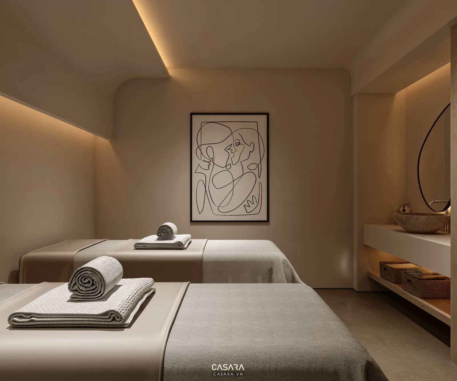 Phòng massage spa nhỏ đẹp tông nâu ấm