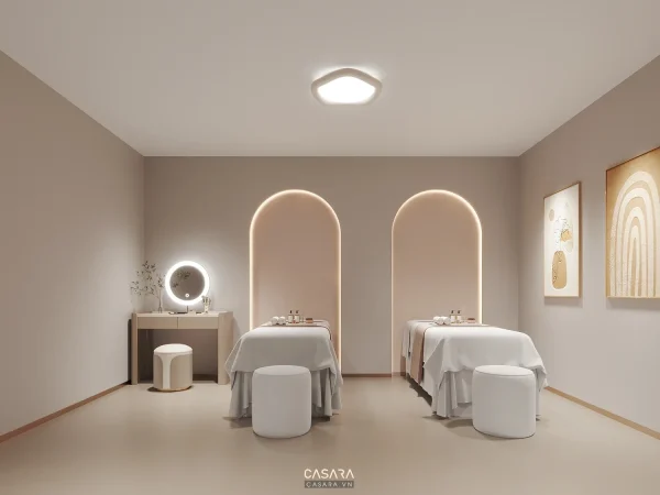 Nội thất spa đôi tông be với hai giường trị liệu