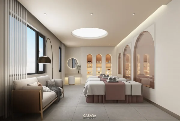 Ảnh spa thẩm mỹ phong cách Bắc Âu với giường trị liệu, ánh sáng dịu và tông màu thư giãn trong thư viện Casara.
