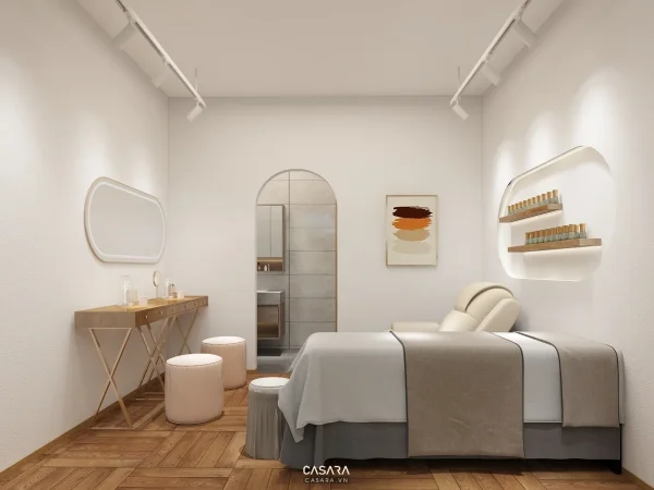 Ảnh spa thẩm mỹ phong cách cao cấp Hải Phòng với giường trị liệu, ánh sáng dịu và tông màu thư giãn trong thư viện Casara.