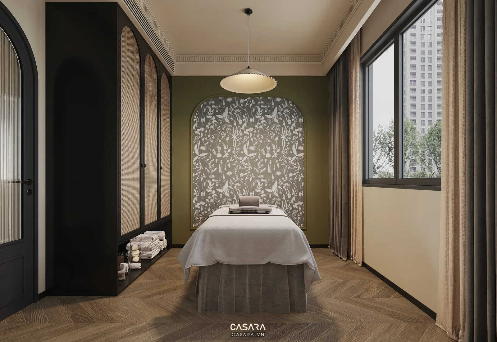 Phòng spa thẩm mỹ có giường trị liệu, ánh sáng dịu và tông màu thư giãn phù hợp trang trí spa đẹp.