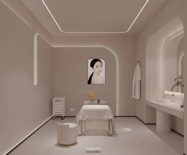 Phòng salon thẩm mỹ nhỏ có giường dịch vụ, xe đẩy và ánh sáng hắt