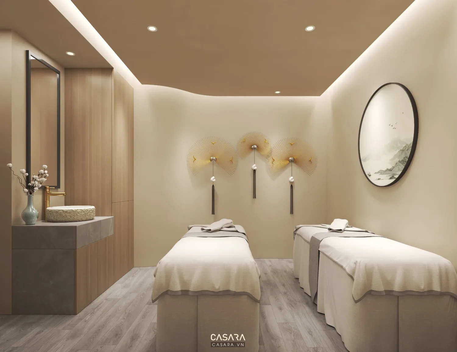 Ảnh spa thẩm mỹ phong cách 30m2 luxury với giường trị liệu, ánh sáng dịu và tông màu thư giãn trong thư viện Casara.