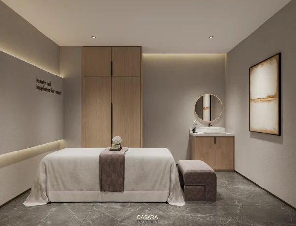 Phòng dịch vụ salon thẩm mỹ có giường trị liệu, tủ cao và gương tròn