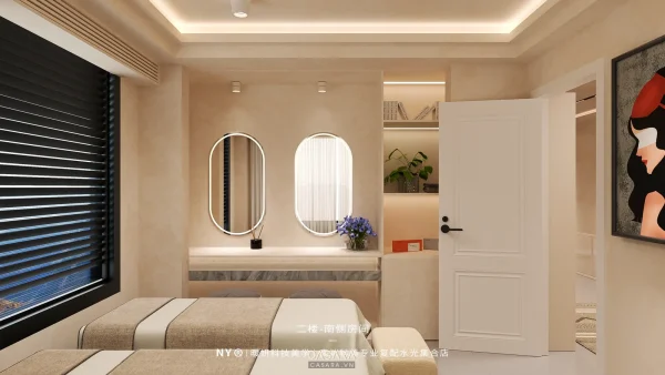 Ảnh spa thẩm mỹ phong cách 30m2 sang trọng với giường trị liệu, ánh sáng dịu và tông màu thư giãn trong thư viện Casara.