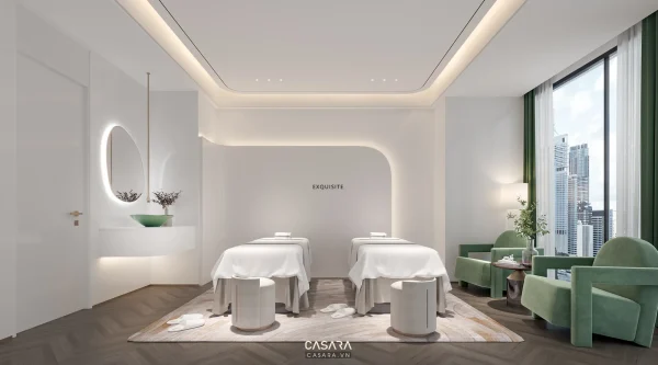 Ảnh spa thẩm mỹ phong cách hiện đại với giường trị liệu, ánh sáng dịu và tông màu thư giãn trong thư viện Casara.