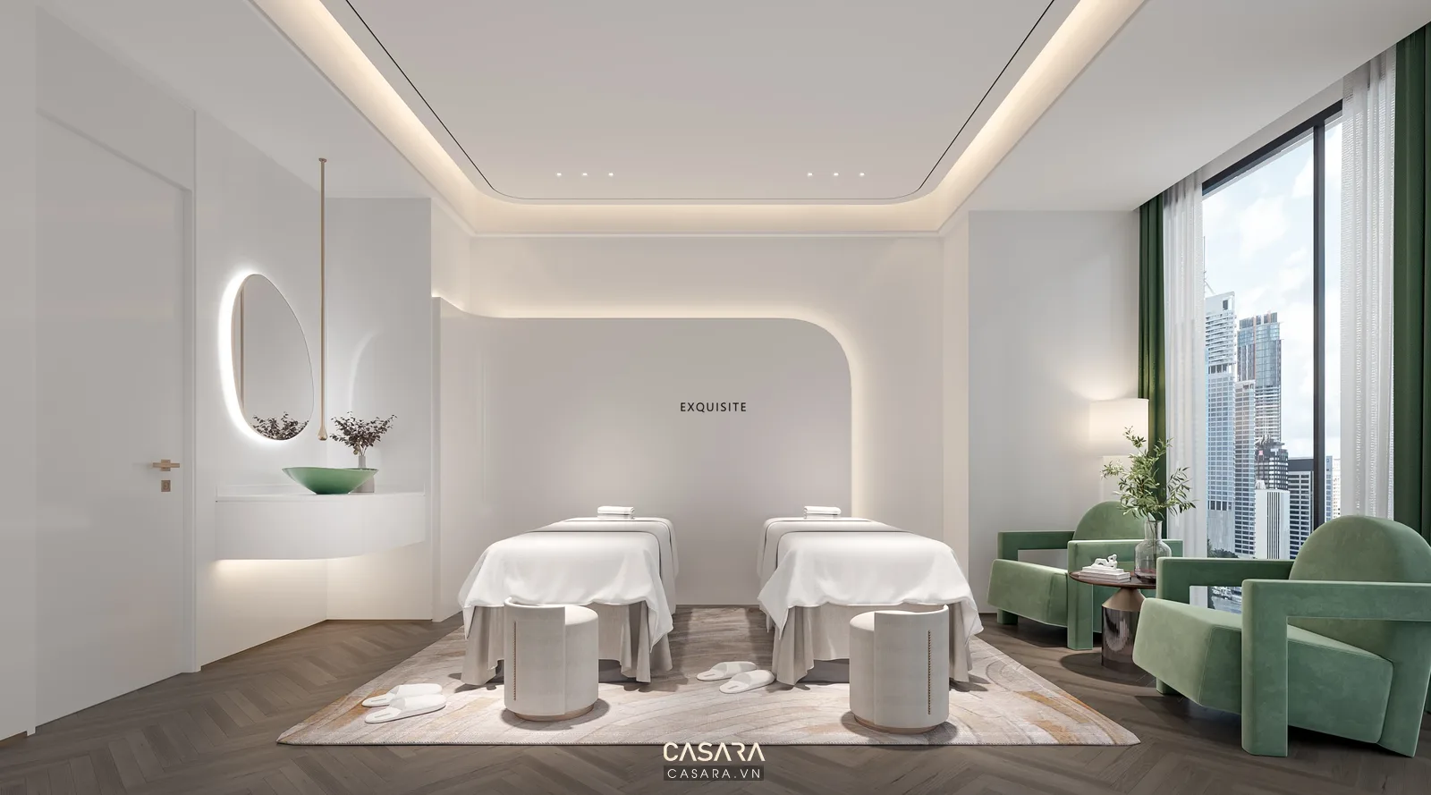 Ảnh spa thẩm mỹ phong cách hiện đại với giường trị liệu, ánh sáng dịu và tông màu thư giãn trong thư viện Casara.