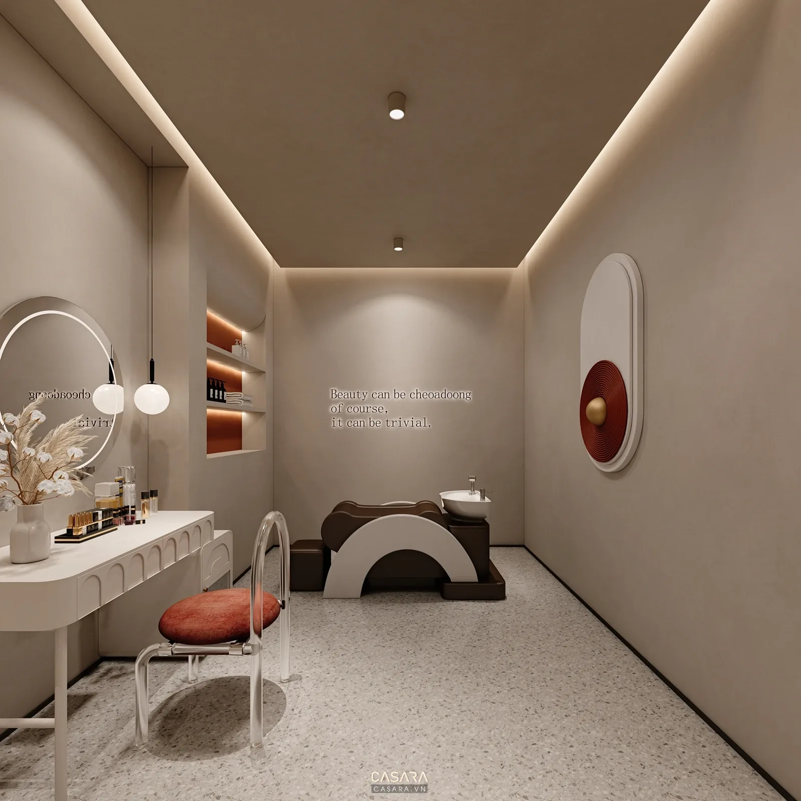 Ảnh spa thẩm mỹ phong cách Indochine với giường trị liệu, ánh sáng dịu và tông màu thư giãn trong thư viện Casara.