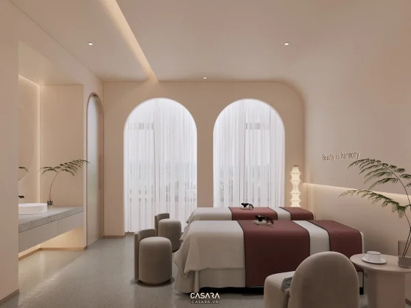 Ảnh spa thẩm mỹ phong cách tối giản Đà Nẵng với giường trị liệu, ánh sáng dịu và tông màu thư giãn trong thư viện Casara.