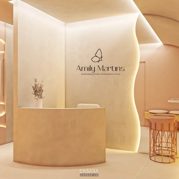 Quầy đón khách salon thẩm mỹ tông be có vách cong và bàn tư vấn